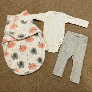 Newborn fleece white pink grey elephant swaddle wrap Gerber onesie & Grey‎ pants